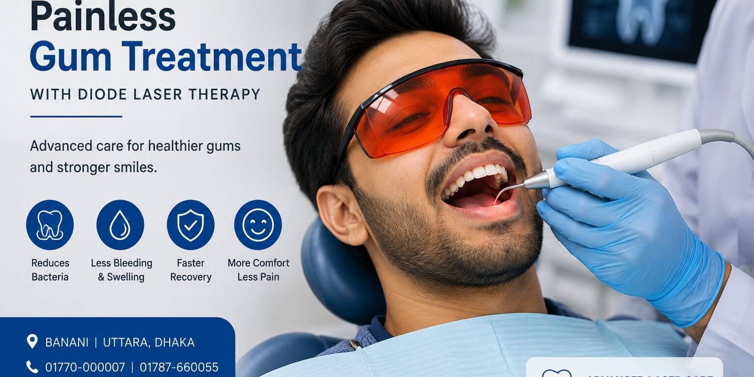 Diode laser periodontal treatment for healthier gums at LASER DENTAL Dhaka. Patient receiving diode laser therapy for gum disease treatment at LASER DENTAL in Dhaka, Bangladesh.