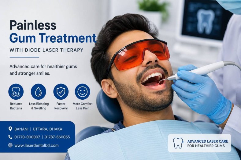Diode laser periodontal treatment for healthier gums at LASER DENTAL Dhaka. Patient receiving diode laser therapy for gum disease treatment at LASER DENTAL in Dhaka, Bangladesh.