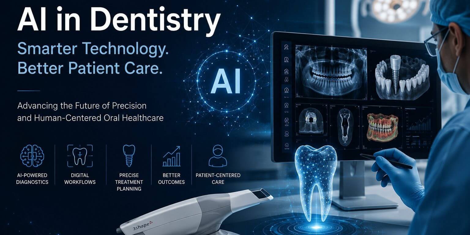 Futuristic AI-powered digital dentistry concept showing advanced dental imaging, implant planning, intraoral scanning, and modern patient-centered oral healthcare technology.